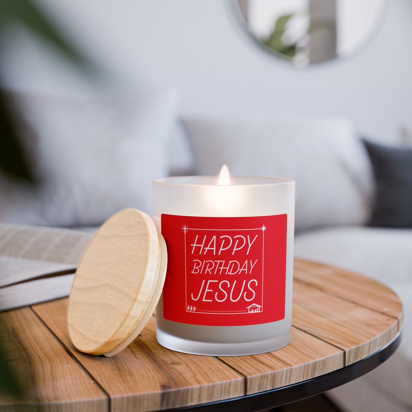 Happy Birthday Jesus Christmas Red and White Holiday Gift Frosted Glass Candle, 11oz