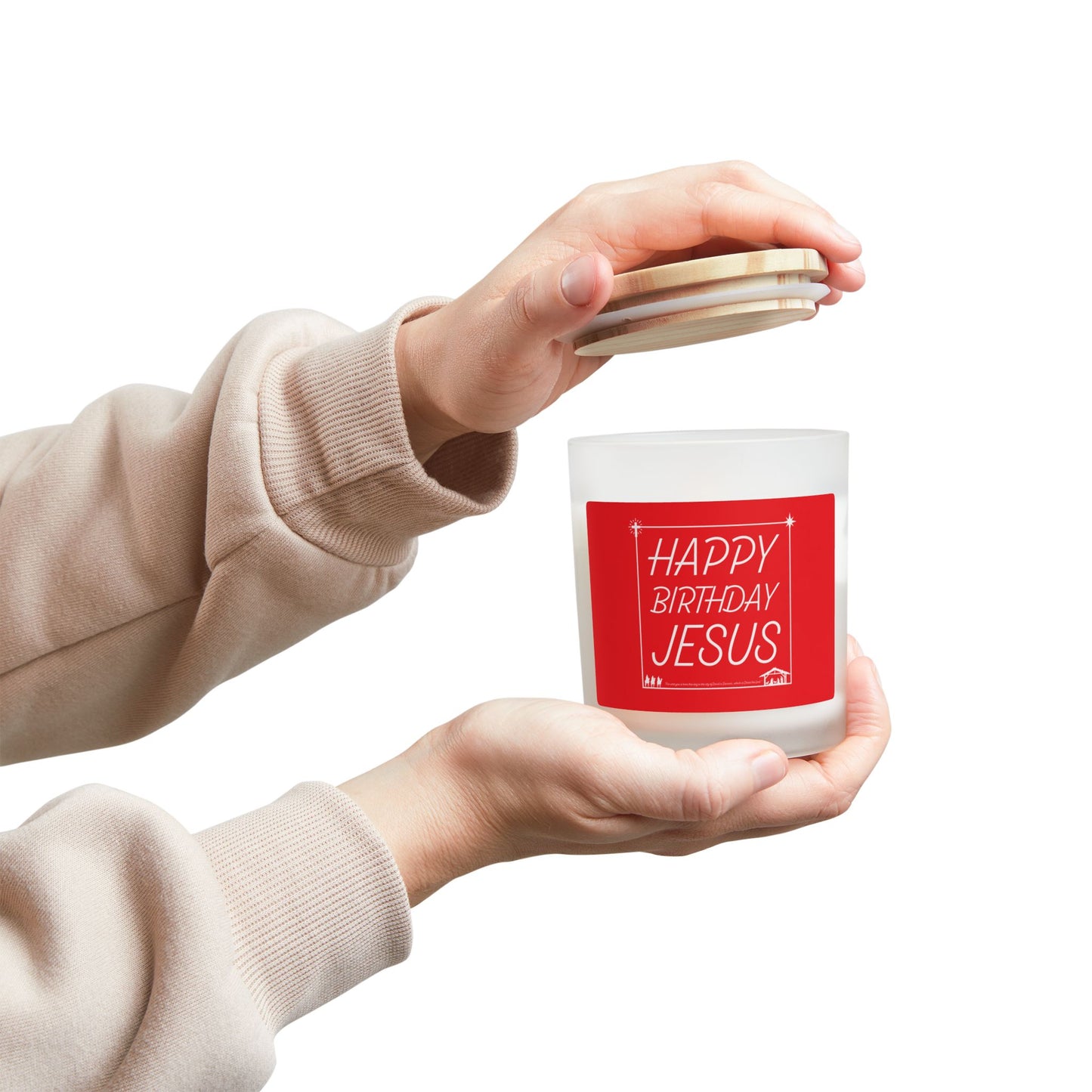 Happy Birthday Jesus Christmas Red and White Holiday Gift Frosted Glass Candle, 11oz