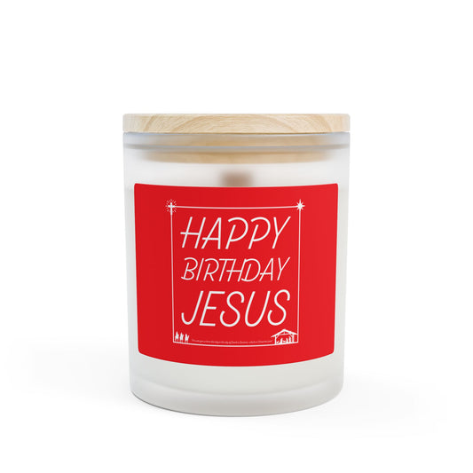 Happy Birthday Jesus Christmas Red and White Holiday Gift Frosted Glass Candle, 11oz